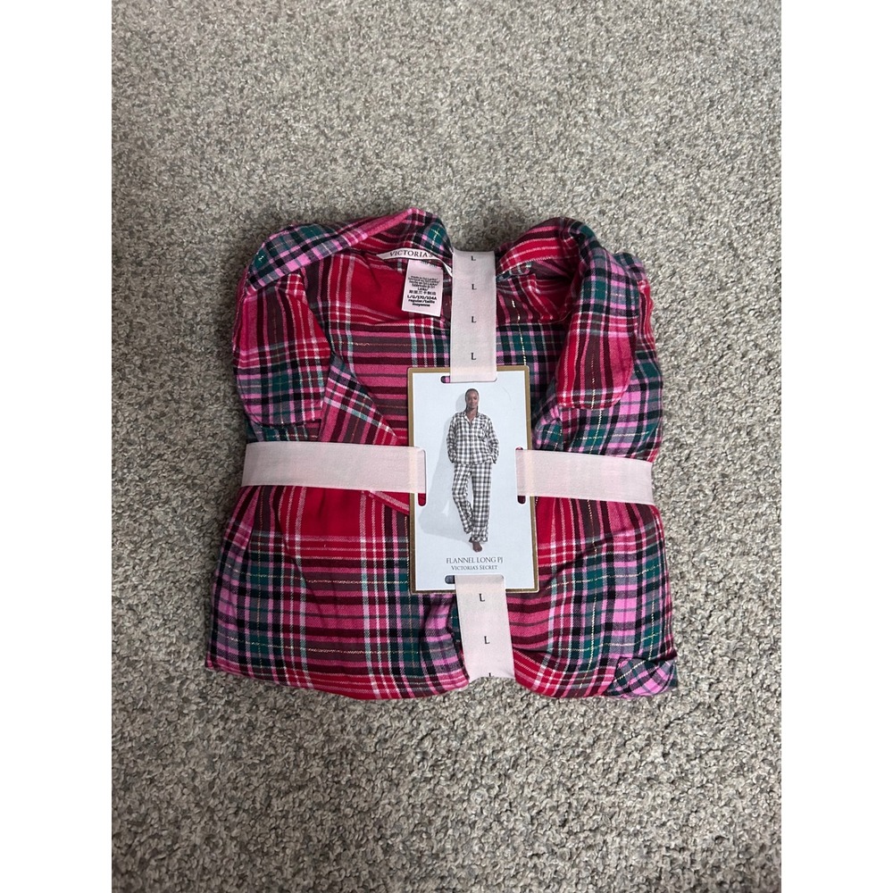 Victorias Secret Flannel Long PJ Set Pink Red Plaid Metallic Lurex Womens L New